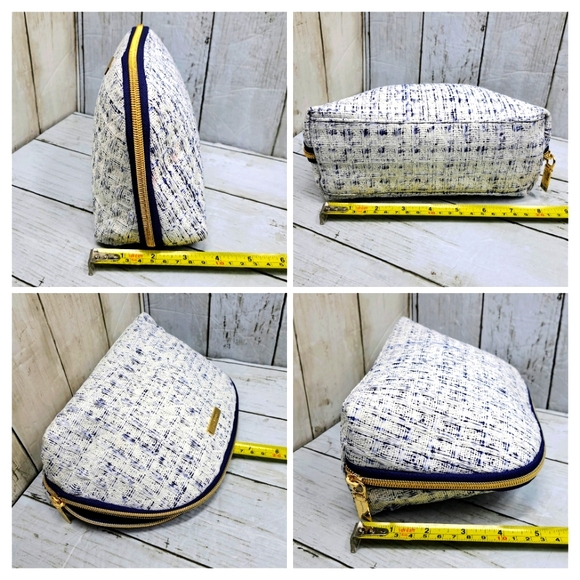 Sophia+Joy White Texture Blue Poly Lining MultiPocket Gold Zip Cosmetic Pouch - Picture 6 of 7